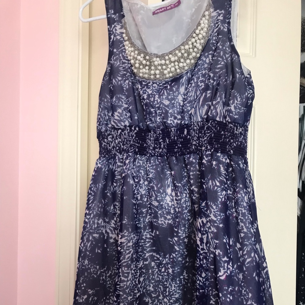 Beaded neckline, blue floral dress